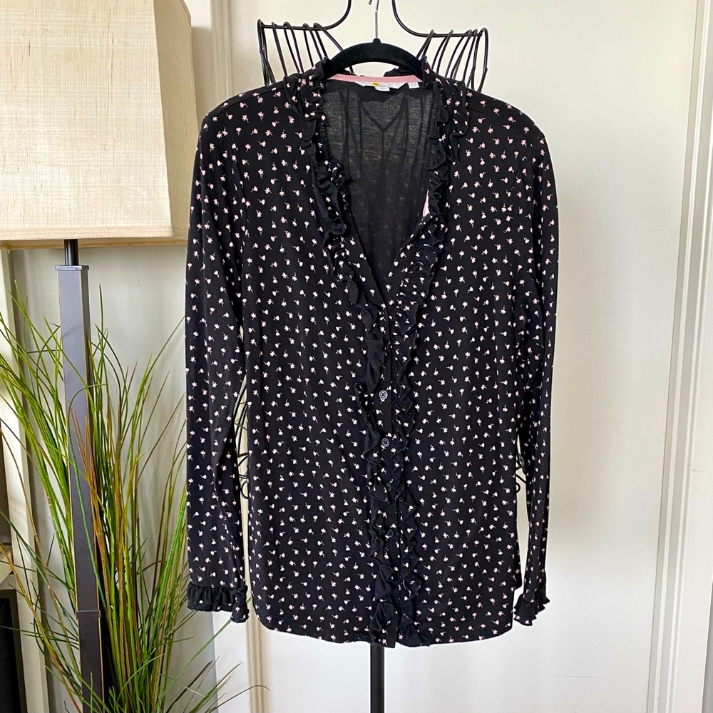 Boden Black Floral Print Button Down Ruffle Blouse